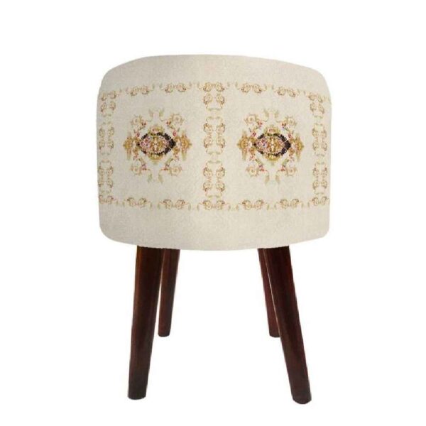 Round Velvet Footstool with Wooden Legs Inspired by Persian Art Cream Golabetoon