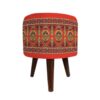 Round Velvet Footstool with Wooden Legs Inspired by Persian Art Orange Nahal