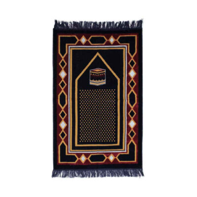 Islamic Prayer Rug Padded Blue Velvet Sajadah with Kaaba Design for Muslims