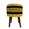 Round Velvet Footstool with Wooden Legs Inspired by Persian Art Yellow Calligraphy