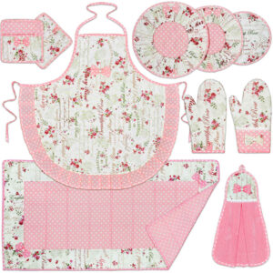10 Piece Pink Floral Kitchen Apron Set Model Fama