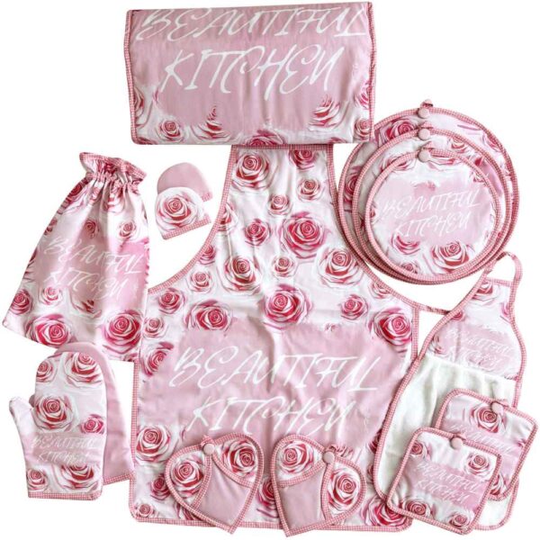 15 Piece Floral Kitchen Apron Set Model Reyhan