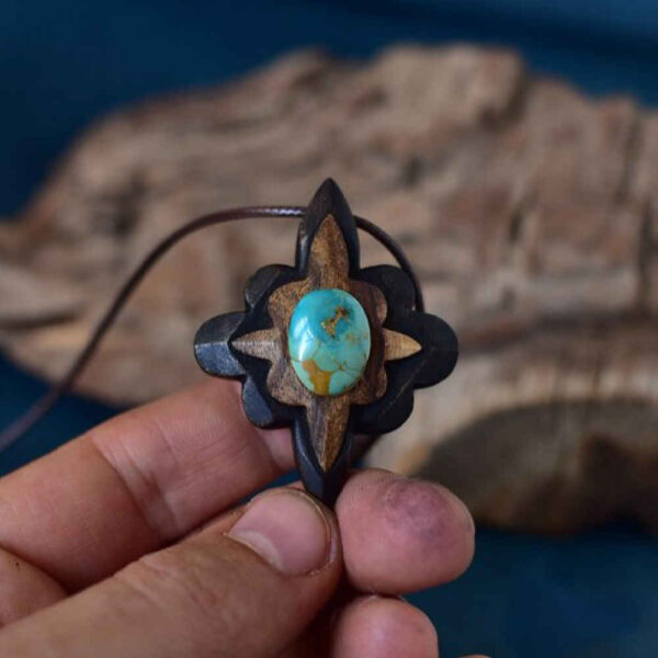 Carved Wood Pendant with Turquoise Gemstone Handcrafted Artistic