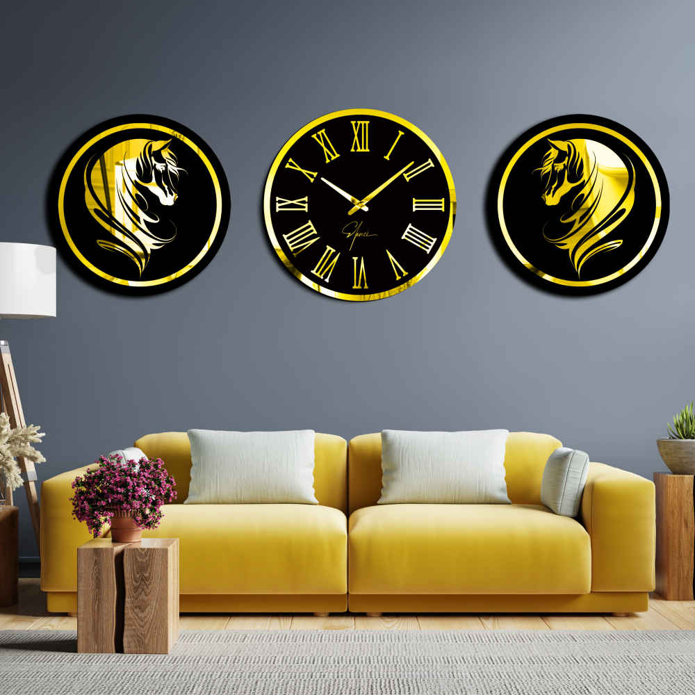 Modern 3-Piece Wall Clock Set Horse
