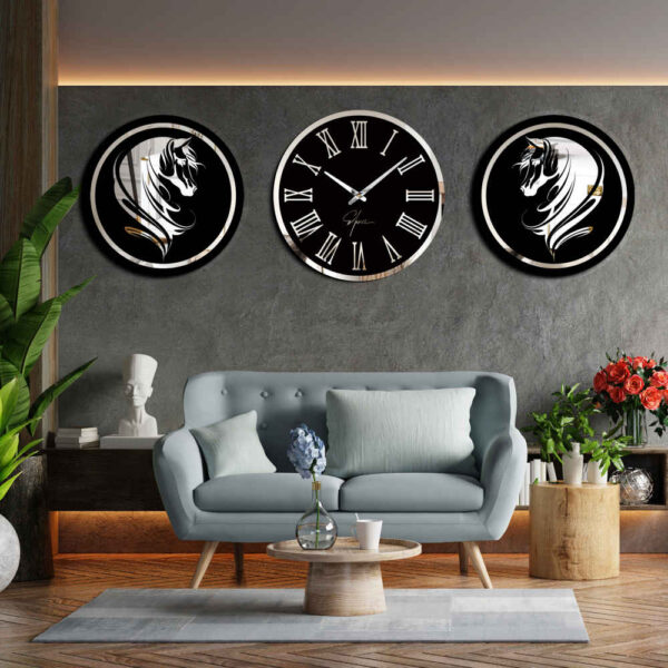 Modern 3-Piece Wall Clock Set Horse