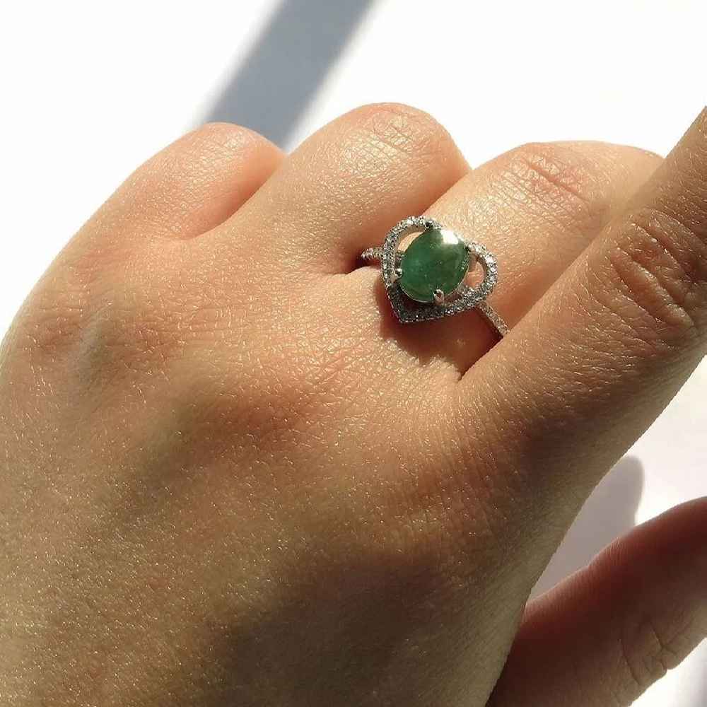 Green Emerald Silver Ring For Women Engagement Ghalb