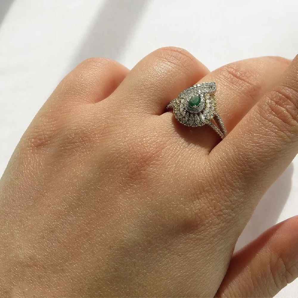 Green Emerald Silver Ring For Women Engagement Majlesi