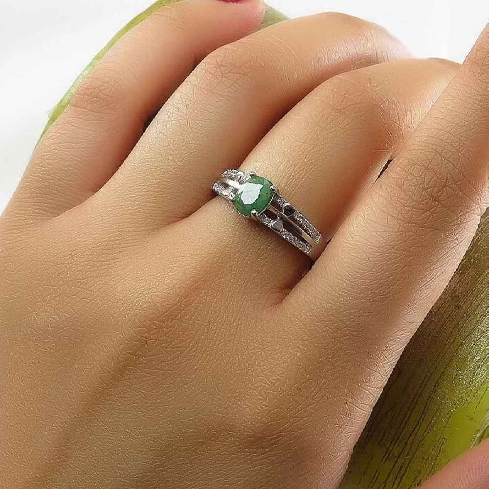 Green Emerald Silver Ring For Women Engagement Melorin
