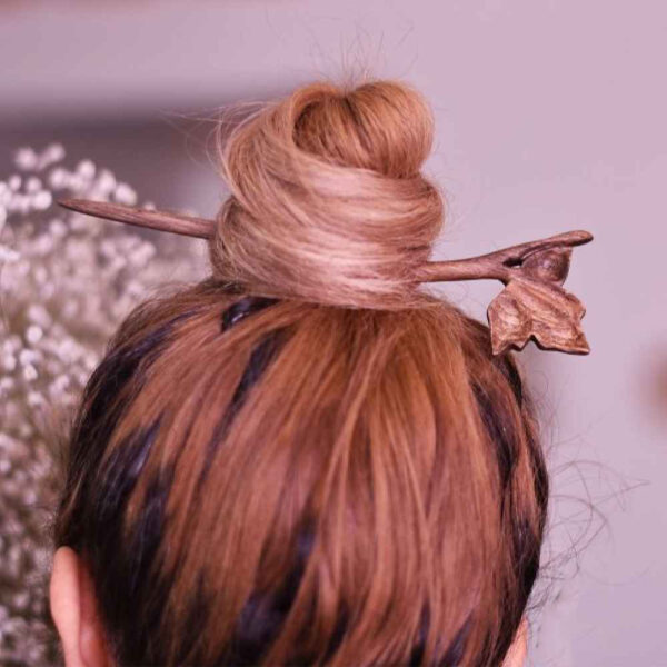 Wooden Hair Stick Handcrafted Matter Leaf Design Large Size