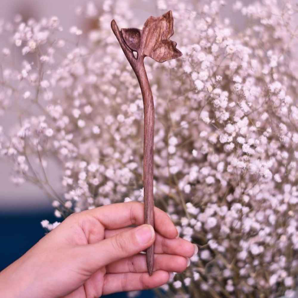 Wooden Hair Stick Handcrafted Matter Leaf Design Large Size