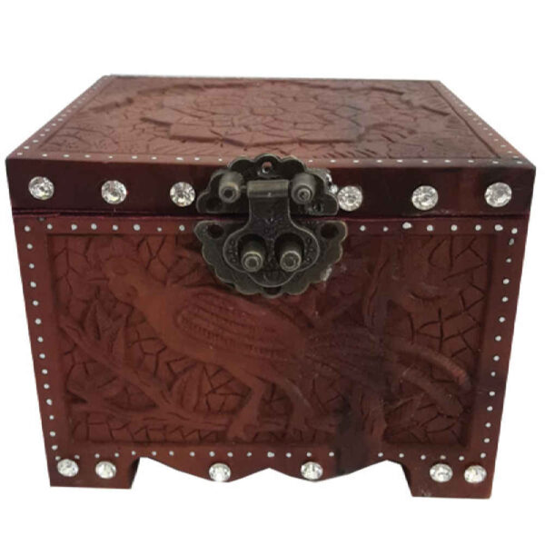 Hand-Carved Wooden Jewelry Box with Floral and Bird Pattern