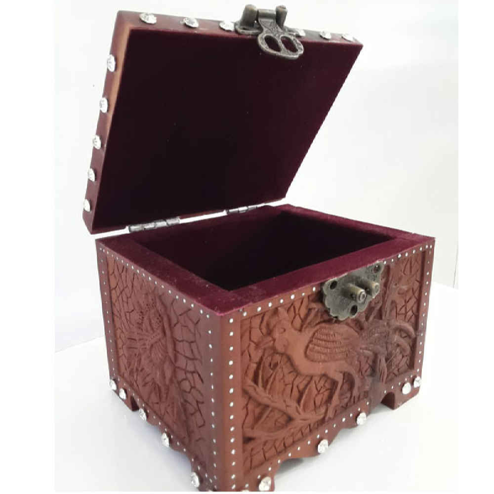 Hand-Carved Wooden Jewelry Box with Floral and Bird Pattern