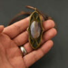 Carved Wood Pendant with Agate Gemstone Handcrafted Artistic Eslimi