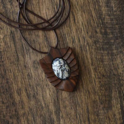 Carved Wood Pendant with Agate Gemstone Handcrafted Artistic Toranj