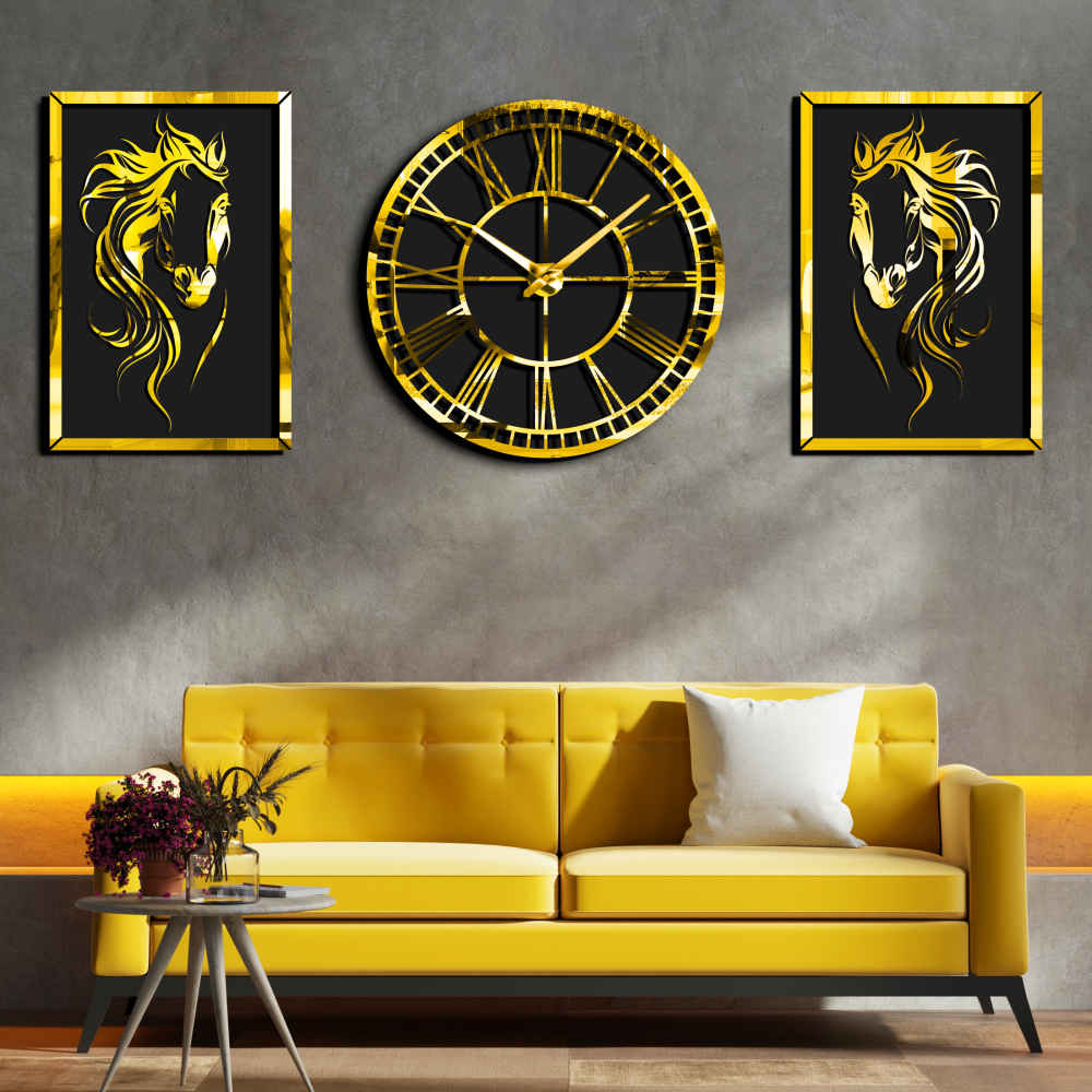 Modern 3-Piece Wall Clock Set Horse
