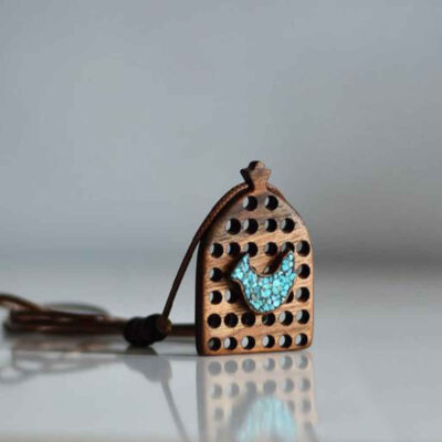 Carved Wood Pendant with Turquoise Gemstone Handcrafted Artistic Amin Bird