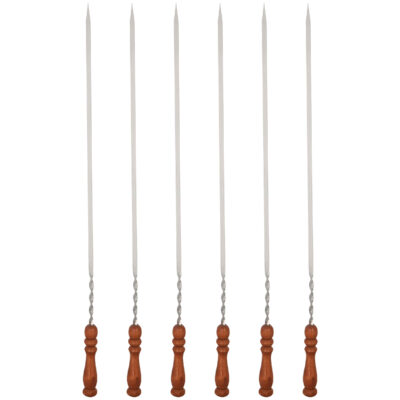 Set of Six Steel Skewers with Wooden Handle (60 cm) for Kebab and Grilling