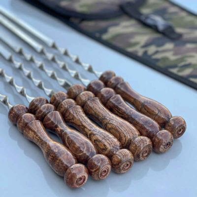 Set of Six Steel Skewers with Wooden Handle (63 cm) for Kebab and Grilling