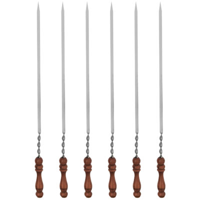 Set of Six Steel Skewers with Wooden Handle (63 cm) for Kebab and Grilling