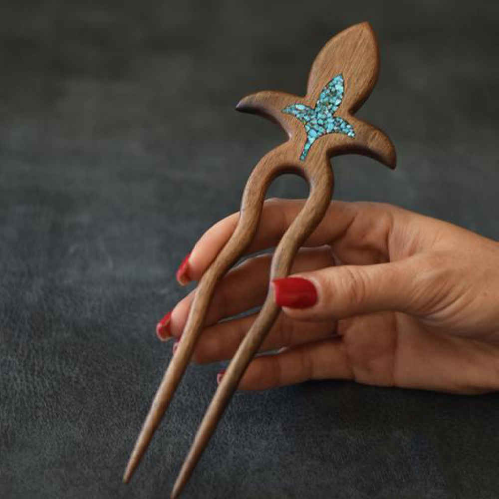 Wooden Hair Fork Handcrafted Matter Lotus Flower Design Large