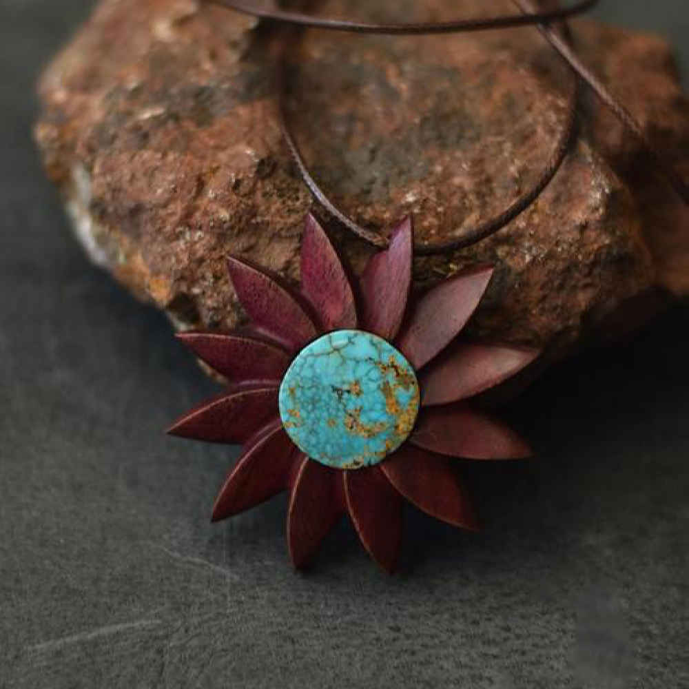 Carved Wood Pendant with Turquoise Gemstone Handcrafted Artistic Taban