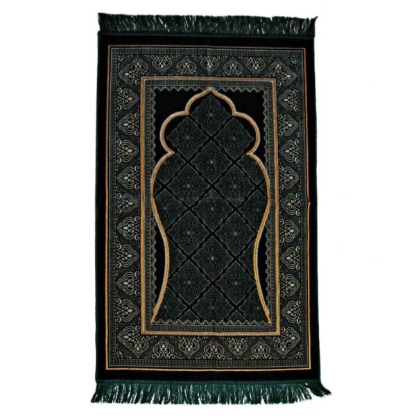 Islamic Prayer Rug Padded Velvet Sajadah with Green Mihrab Design for Muslims