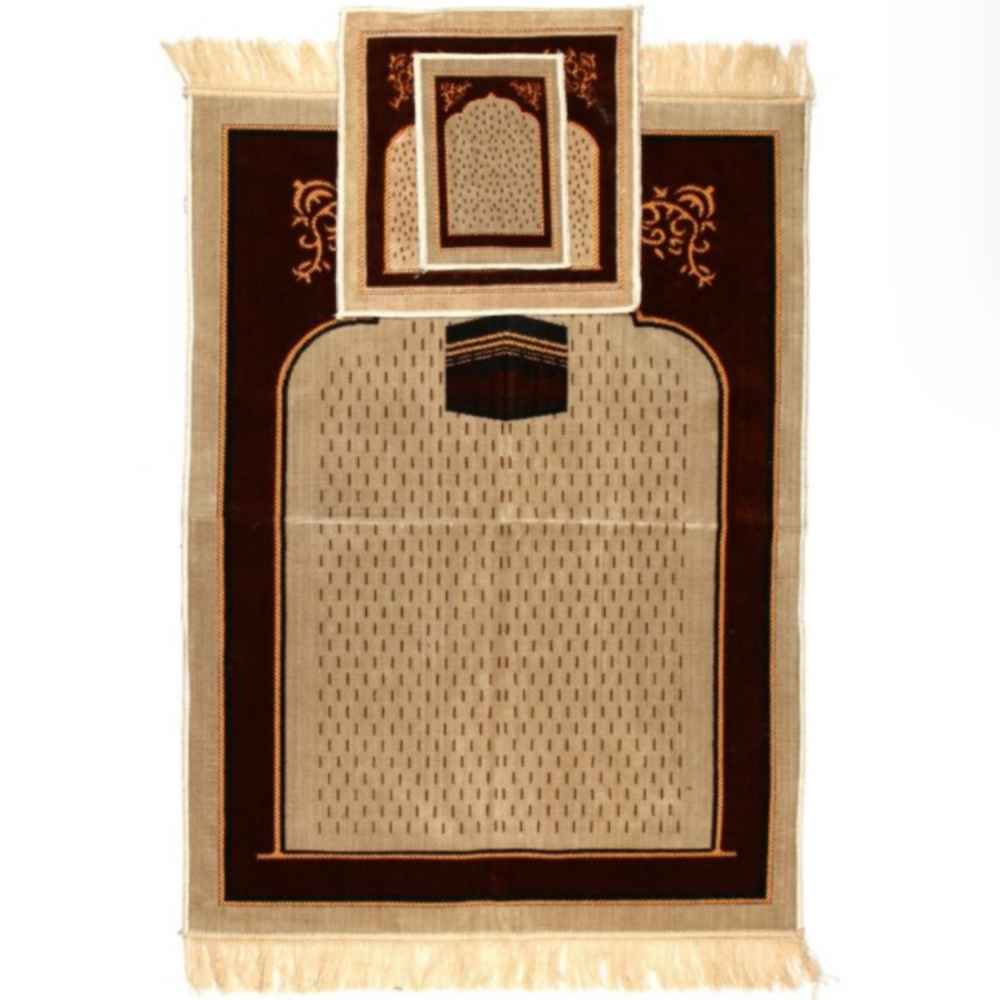 Islamic Prayer Rug Padded Velvet Sajadah with Kaaba & Mihrab Design for Muslims