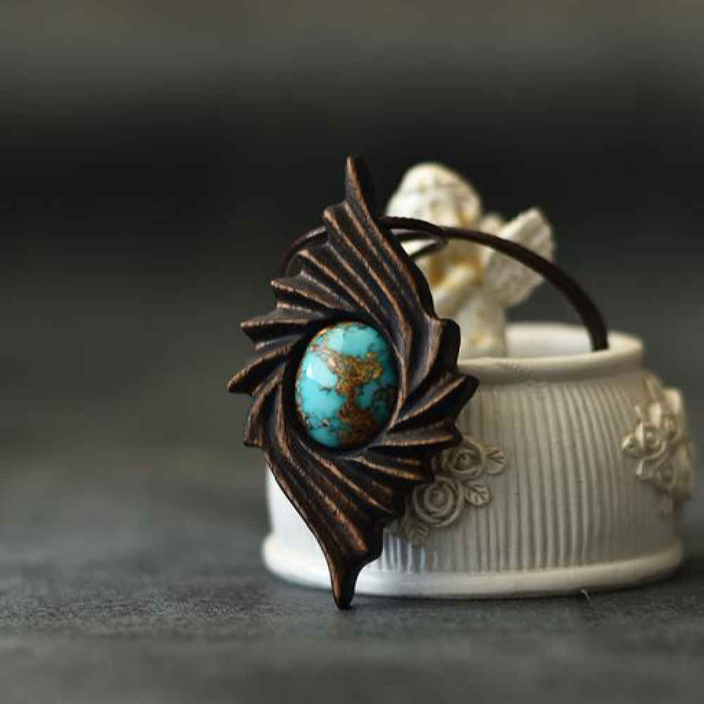 Carved Wood Pendant with Turquoise Gemstone Handcrafted Artistic Exir