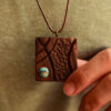 Carved Wood Pendant with Turquoise Gemstone Handcrafted Artistic Marcel
