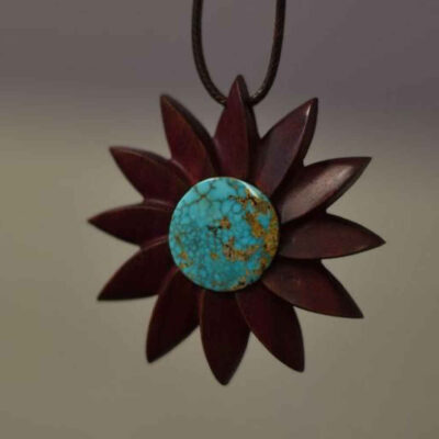 Carved Wood Pendant with Turquoise Gemstone Handcrafted Artistic Taban