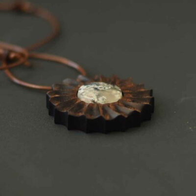 Carved Wood Pendant with Agate Gemstone Handcrafted Artistic Blossom