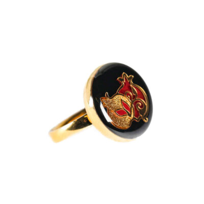 Steel Signet Ring with Agate Resin Covered and Gold Plated Pomegranate Symbol