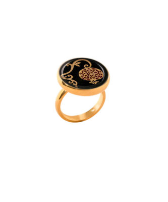 Steel Signet Ring with Agate Resin Covered and Gold Plated Pomegranate Symbol