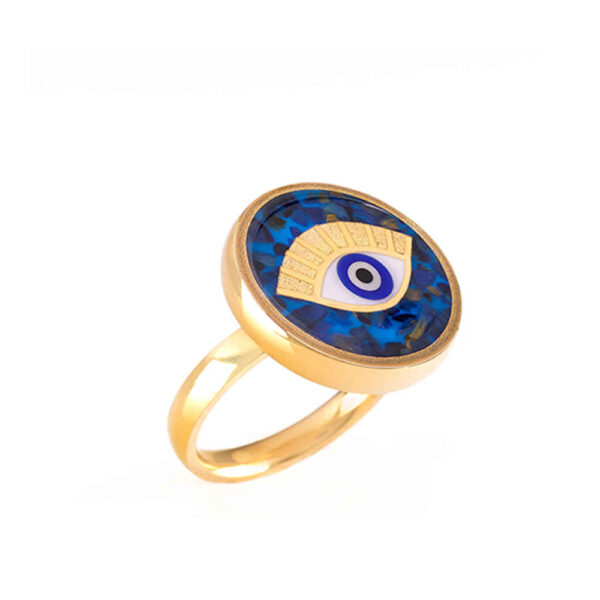 Steel Signet Ring with Lapis Resin Covered and Gold Plated Cheshm Symbol