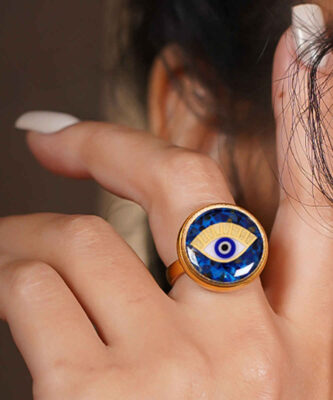 Steel Signet Ring with Lapis Resin Covered and Gold Plated Cheshm Symbol