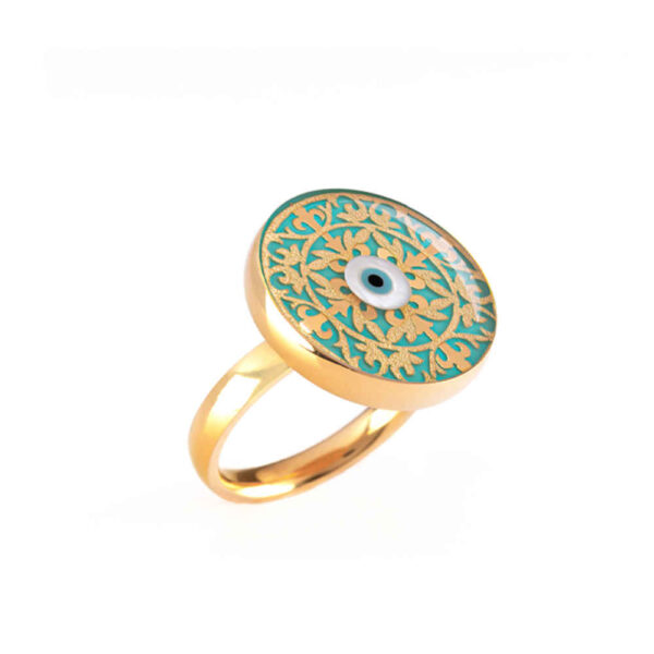 Steel Signet Ring with Turquoise Resin Covered and Gold Plated Evil Eye Symbol