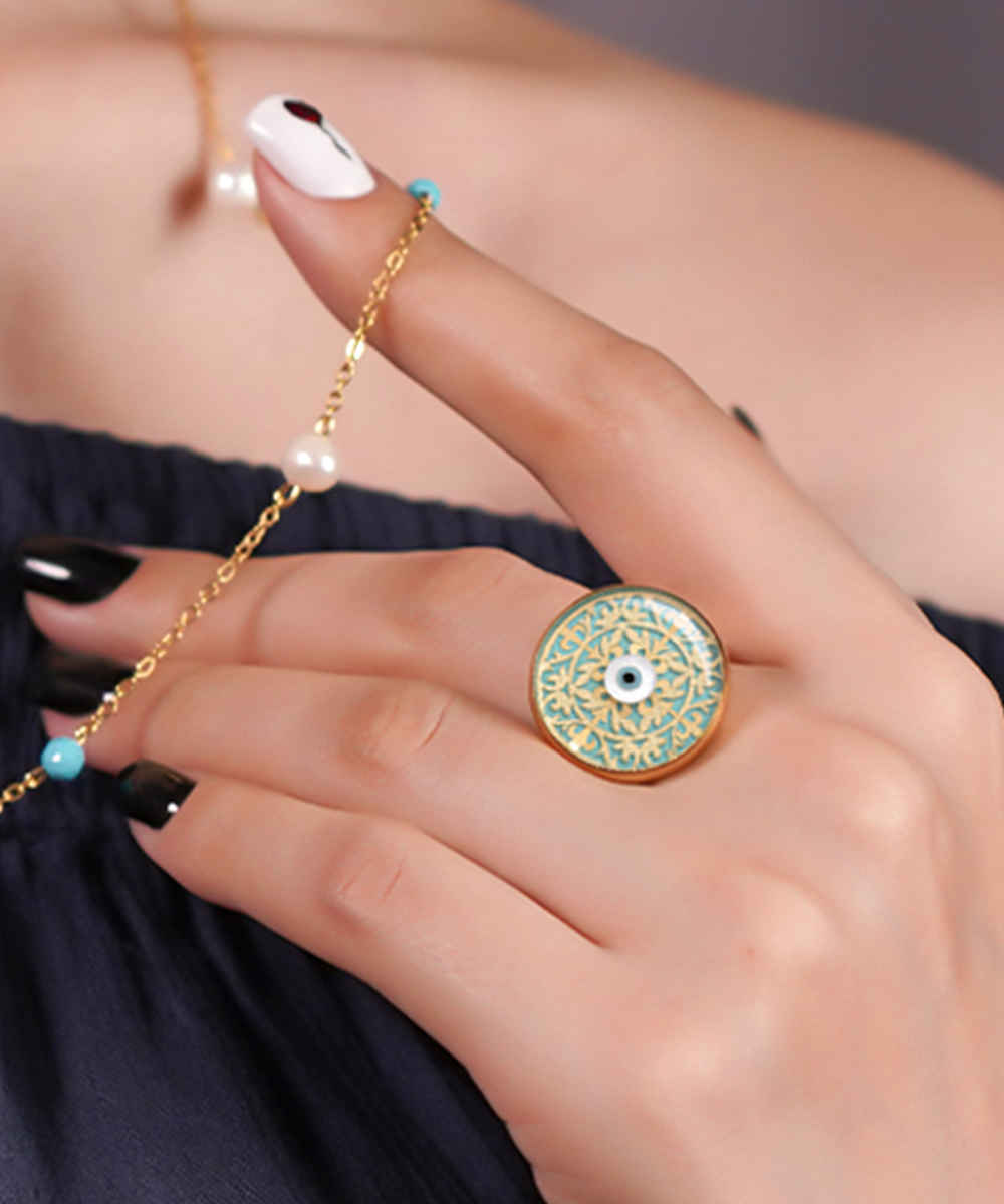 Steel Signet Ring with Turquoise Resin Covered and Gold Plated Evil Eye Symbol