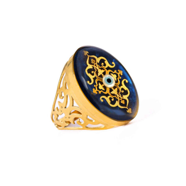 Steel Signet Ring with Onyx Resin Covered and Gold Plated Evil Eye Symbol