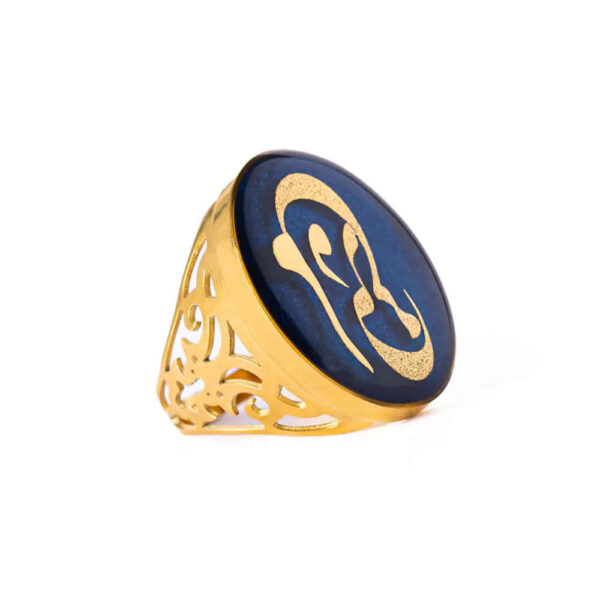 Steel Signet Ring with Garnet Resin Covered and Gold Plated Man Calligraphy