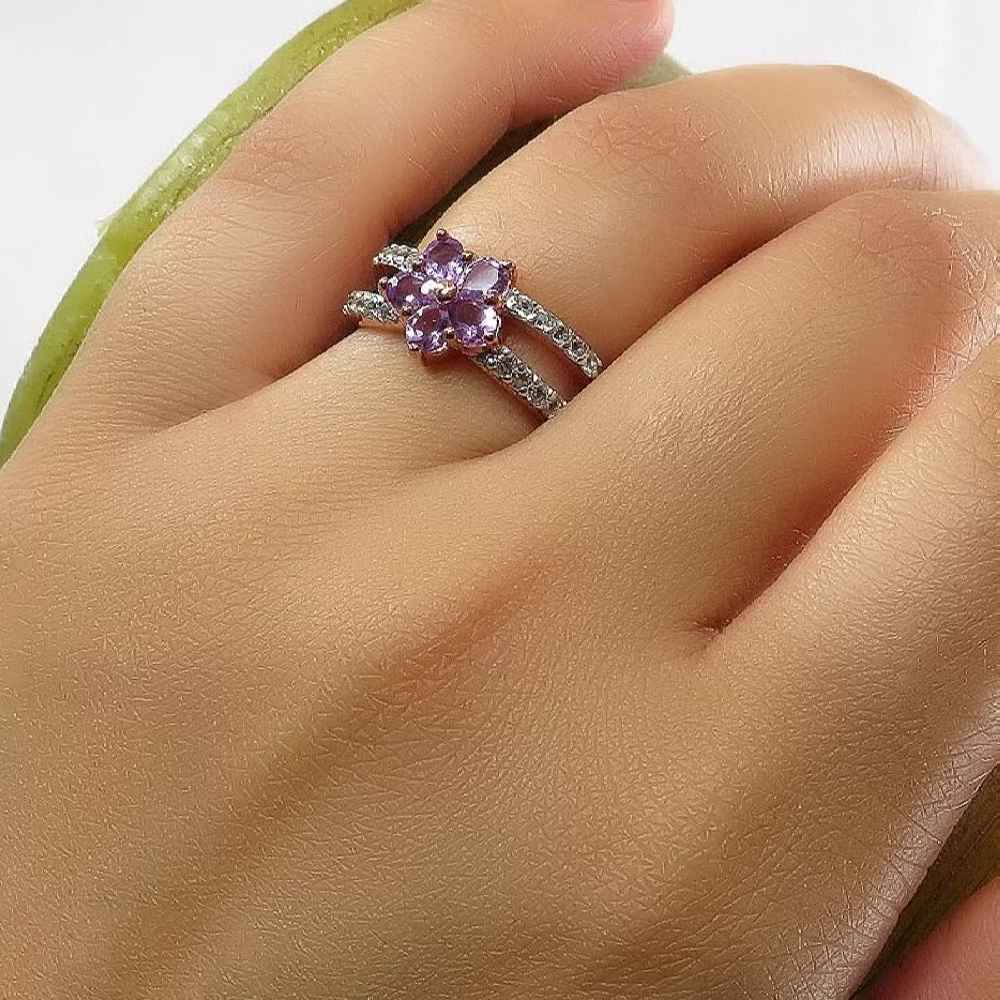 Purple Amethyst Silver Ring For Women Flower
