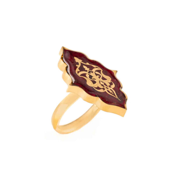 Steel Signet Ring with Garnet Resin Covered and Gold Plated Eslimi Symbol