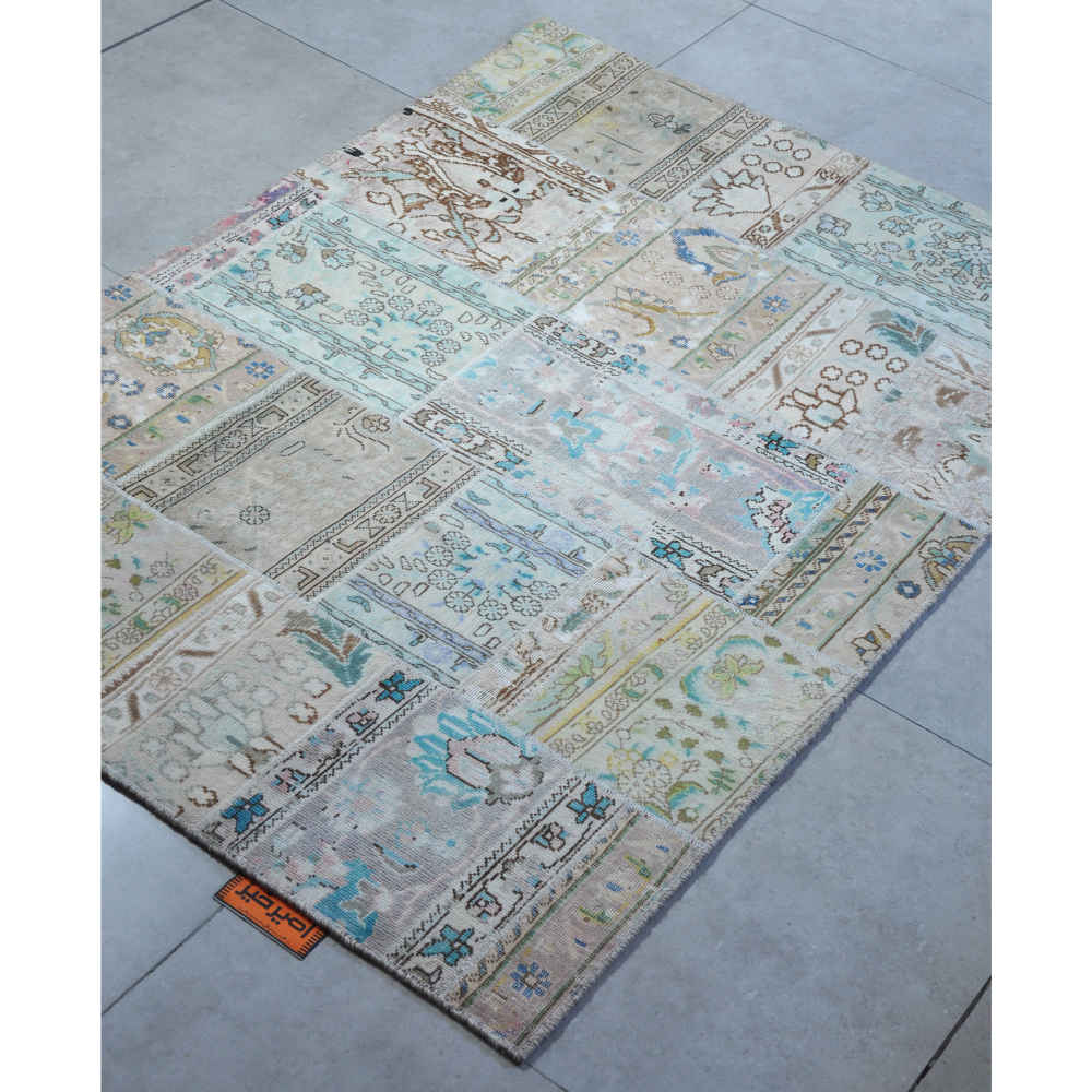 Vintage Persian Hand-Knotted Patchwork Carpet Sky