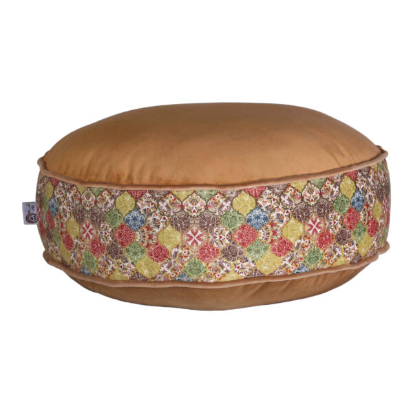 Bohemian Large Round Velvet Pouffe Inspired by Persian Art Brown Borna