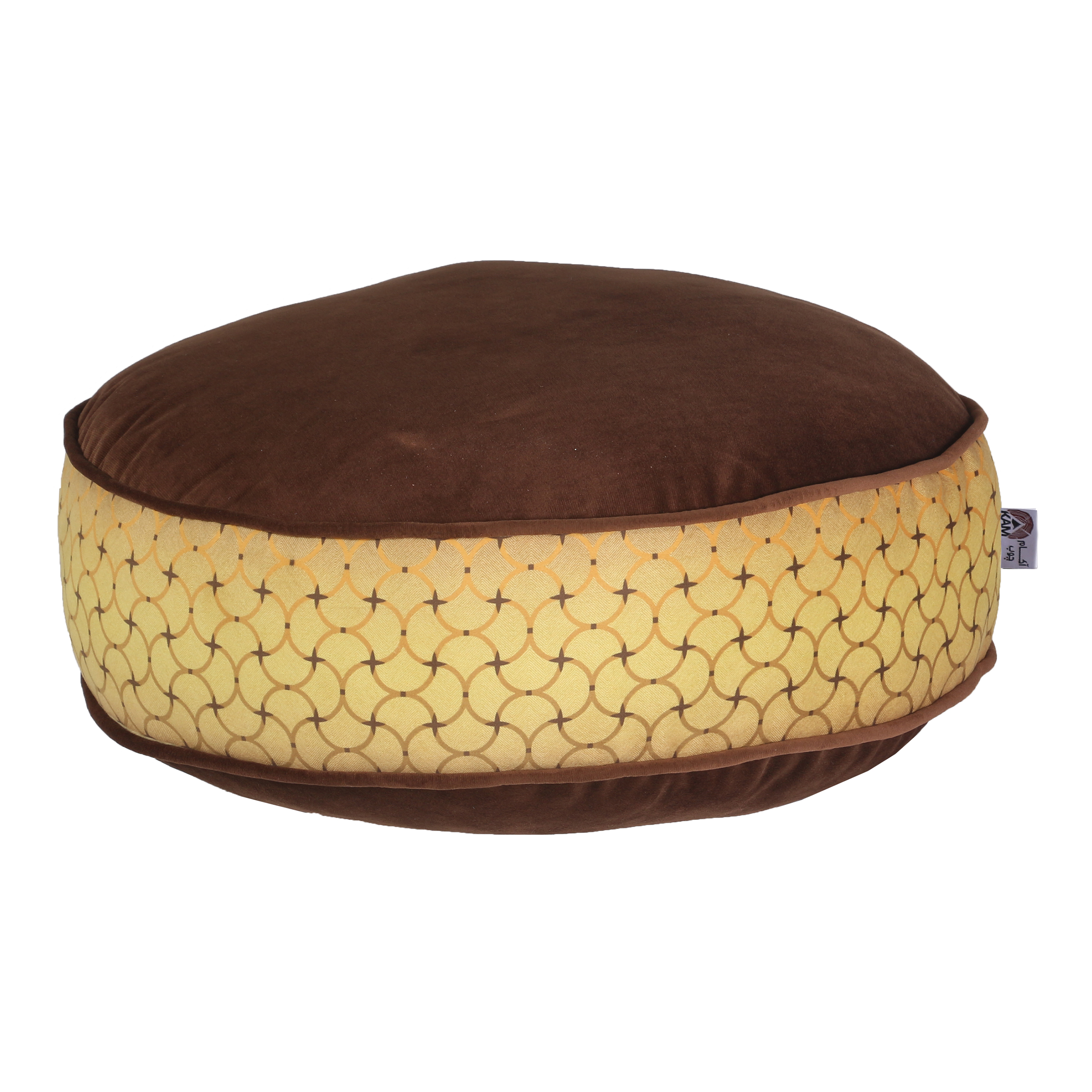 Bohemian Large Round Velvet Pouffe Inspired by Persian Art Brown Noyan