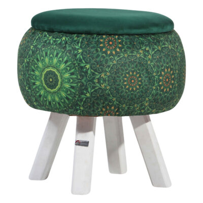 Round Velvet Footstool with Wooden Legs Inspired by Persian Art Green Bahador