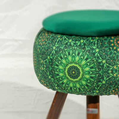 Round Velvet Footstool with Wooden Legs Inspired by Persian Art Green Bahador