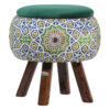 Round Velvet Footstool with Wooden Legs Inspired by Persian Art Green Emad