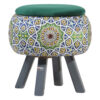 Round Velvet Footstool with Wooden Legs Inspired by Persian Art Green Emad