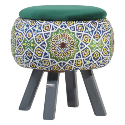Round Velvet Footstool with Wooden Legs Inspired by Persian Art Green Emad