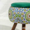 Round Velvet Footstool with Wooden Legs Inspired by Persian Art Green Emad